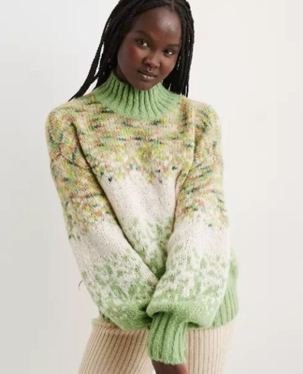 Aerie Sweater Wool Blend Fair Isle Turtleneck Green White Small